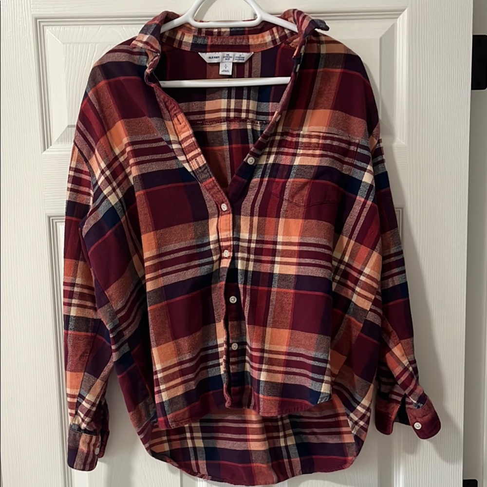 Old Navy oversized Plaid Button Down Shirt - Burgundy and Orange